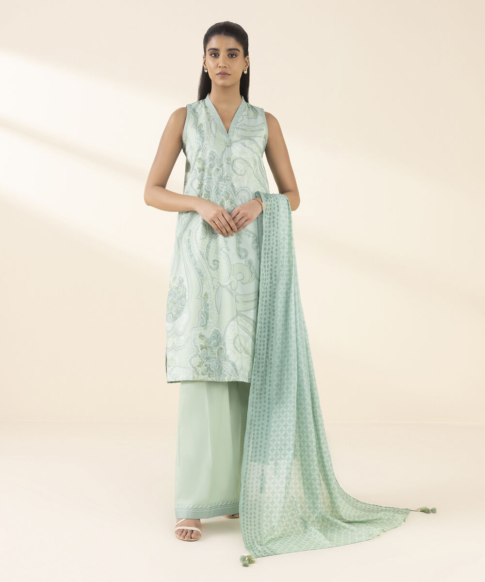 Unstitched Women's Green Lawn 3 Piece Suit