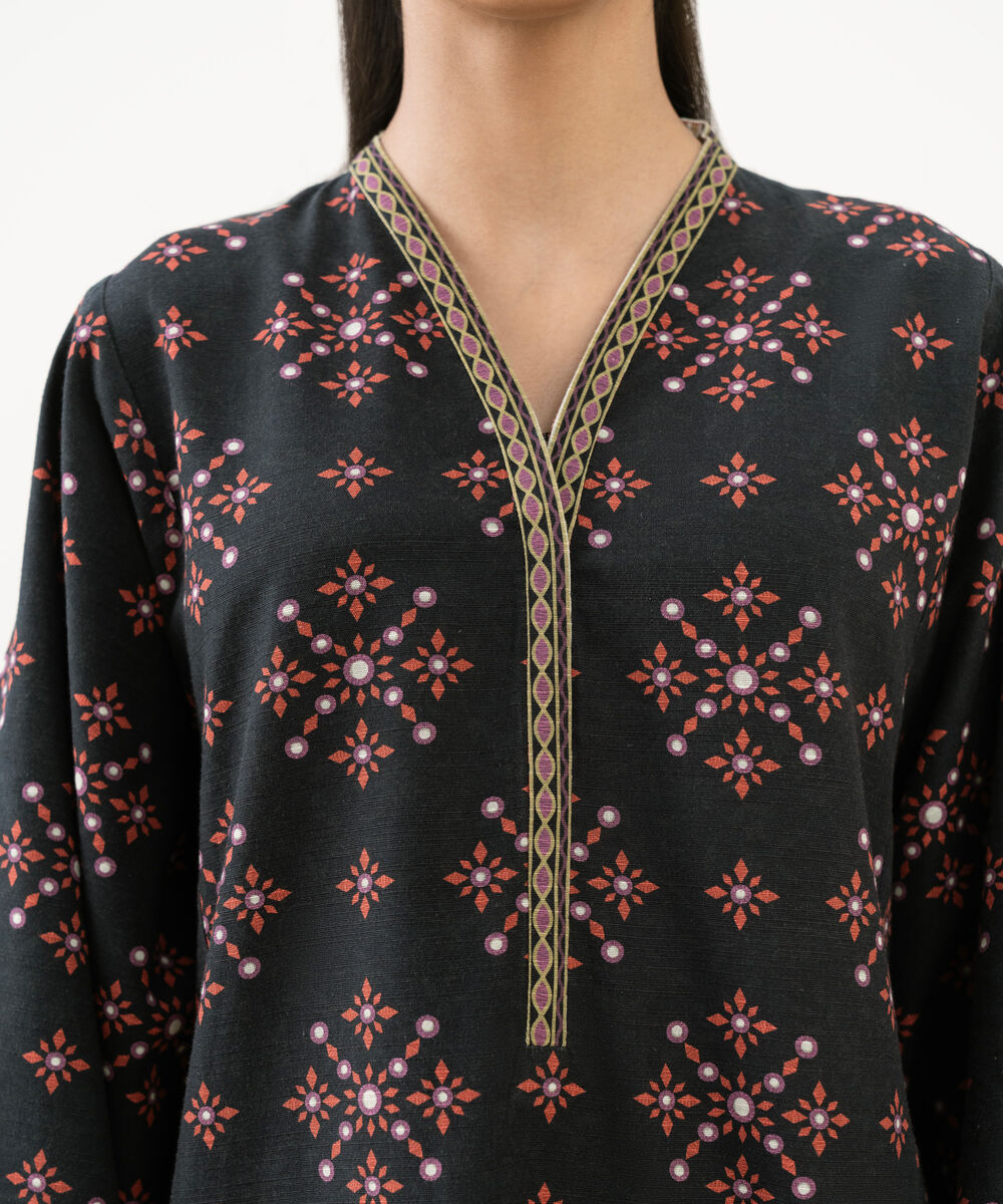 Women's Unstitched Cotton Printed Black 3 Piece Suit