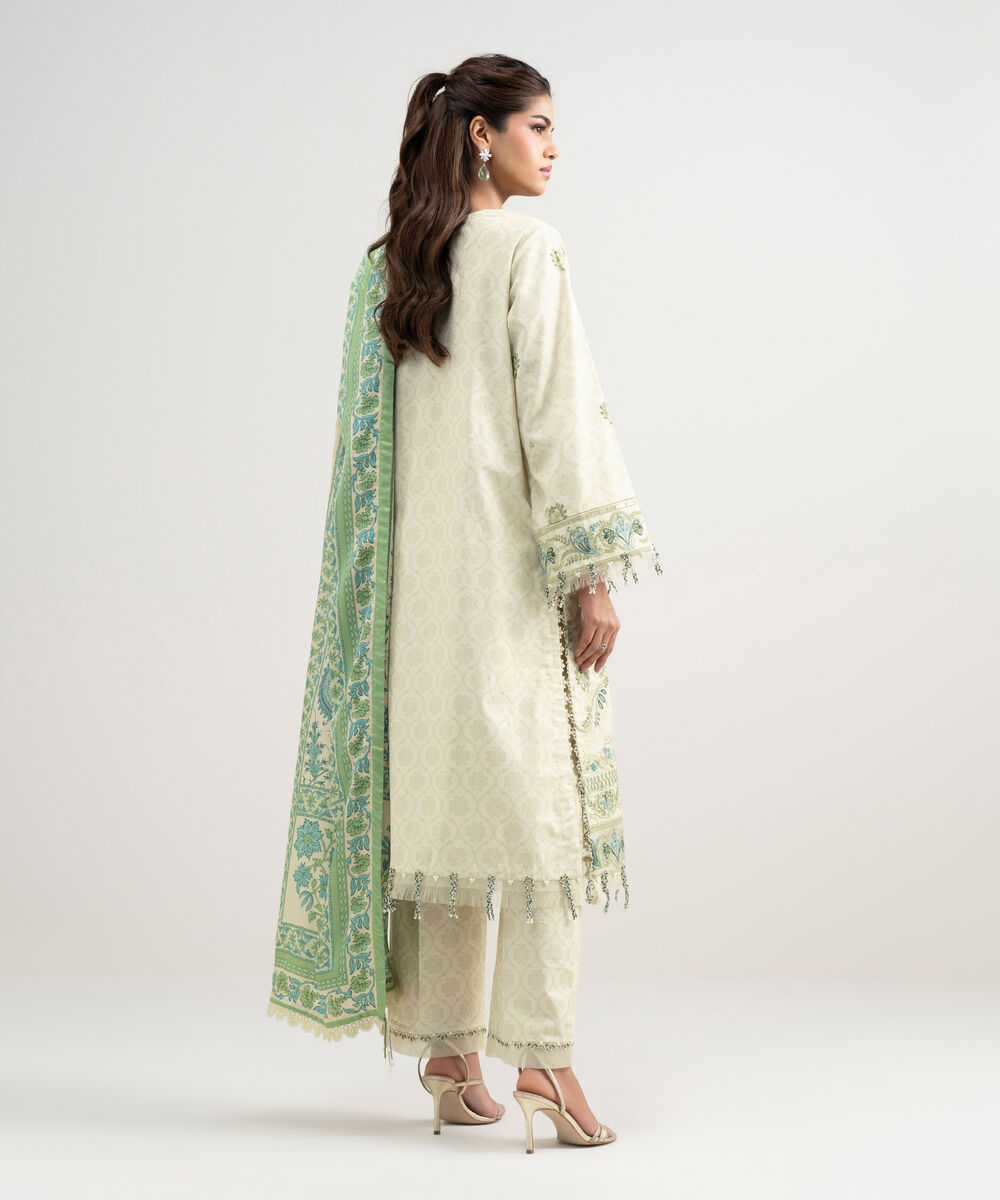 Women's Unstitched Lawn Embroidered Off White 3 Piece Suit