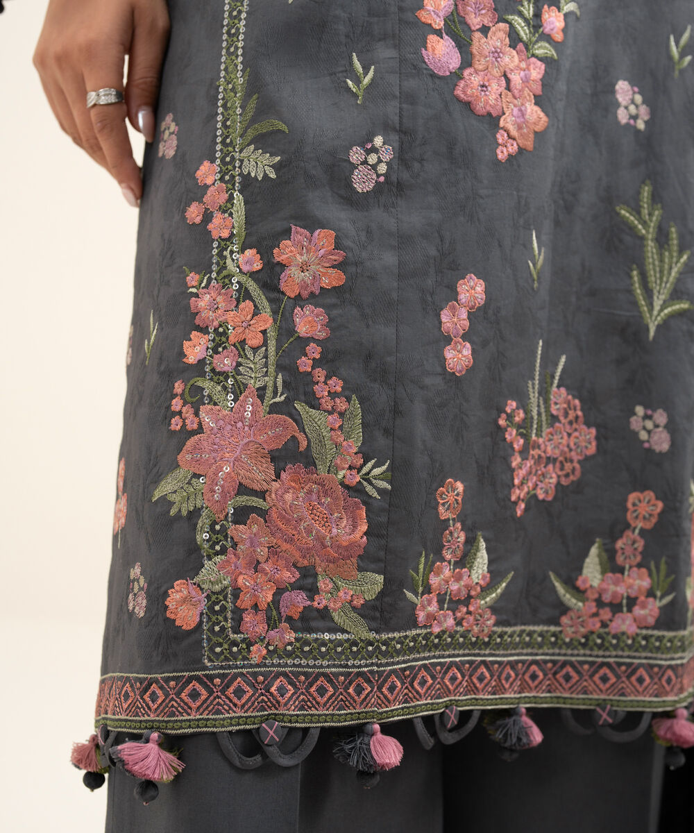 Women's Unstitched Cotton Jacquard Embroidered Grey 3 Piece Suit