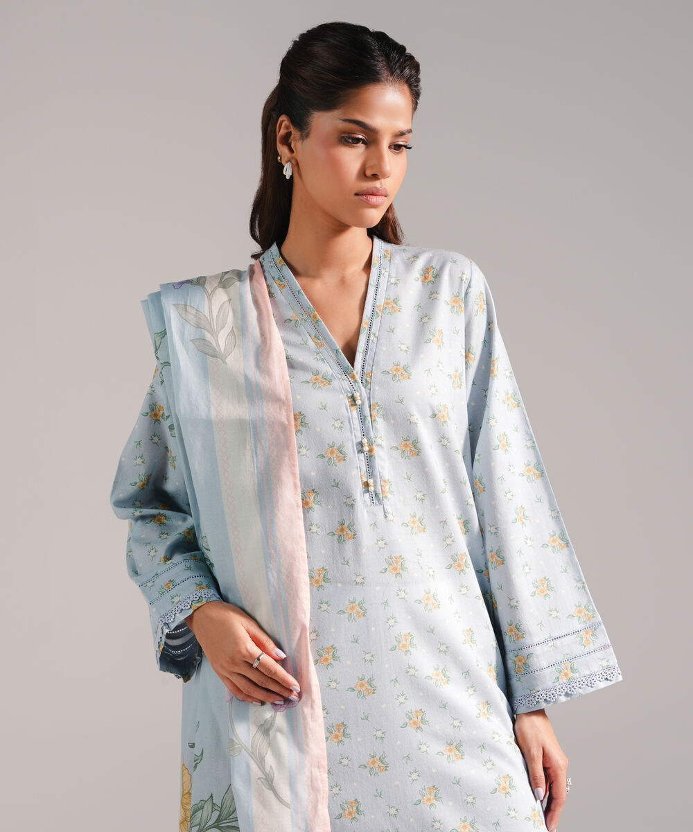 Women's RTW Dobby Printed Light Blue 2 Piece Suit