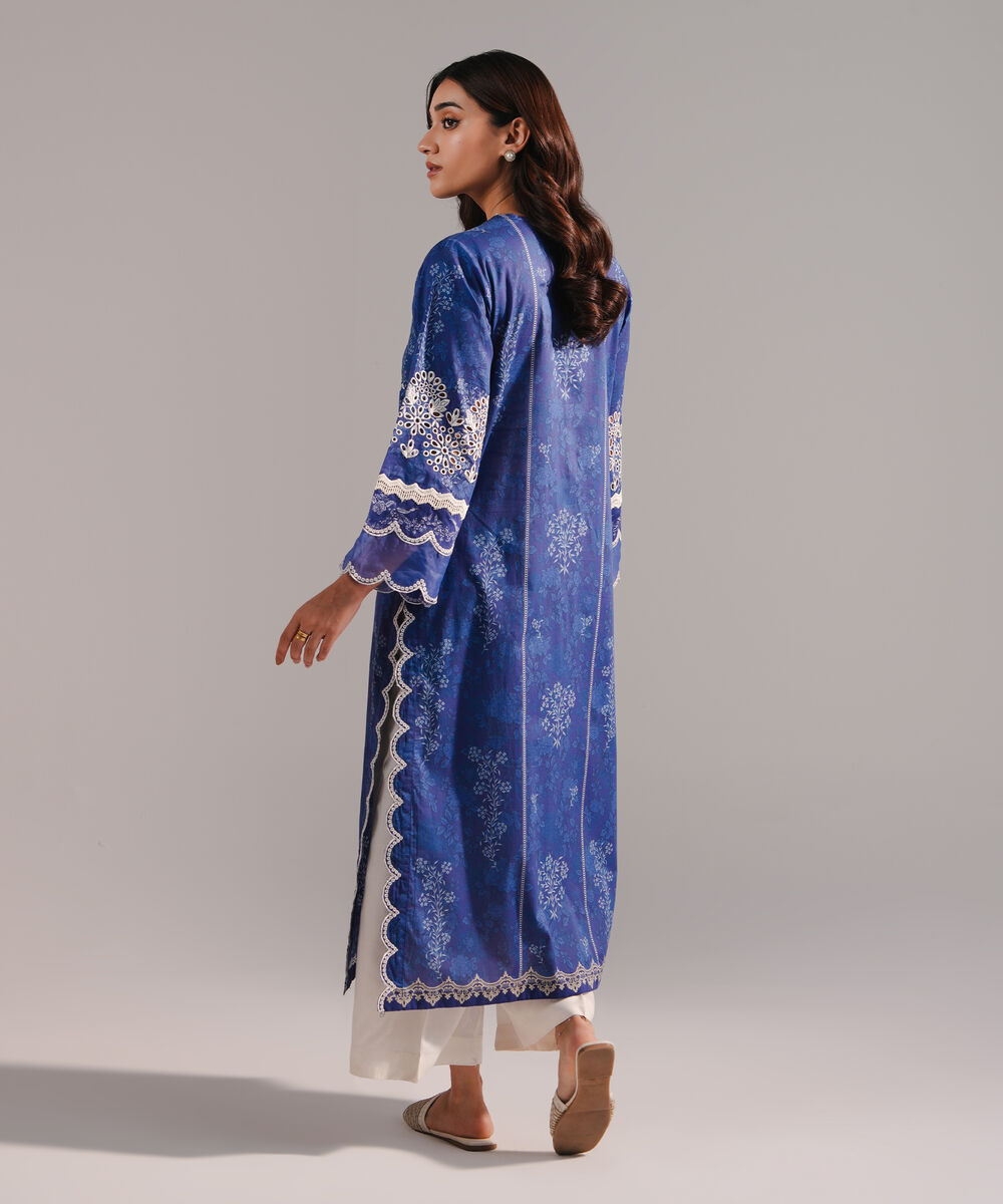 Women's RTW Lawn Embroidered Dark Blue A-Line Shirt