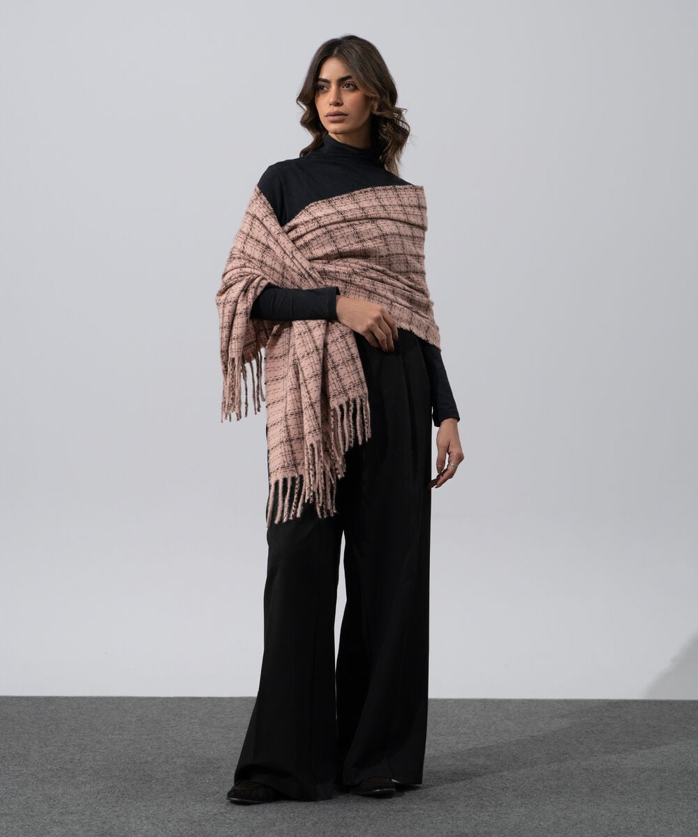 Women's Western Wear Pink Polyester Checkered Woolen Scarf