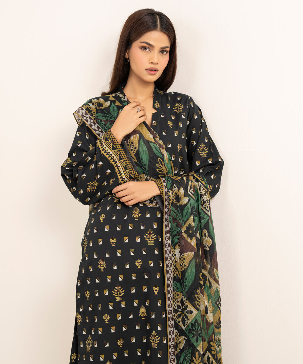 Women's Unstitched Lawn Printed Black 3 Piece Suit