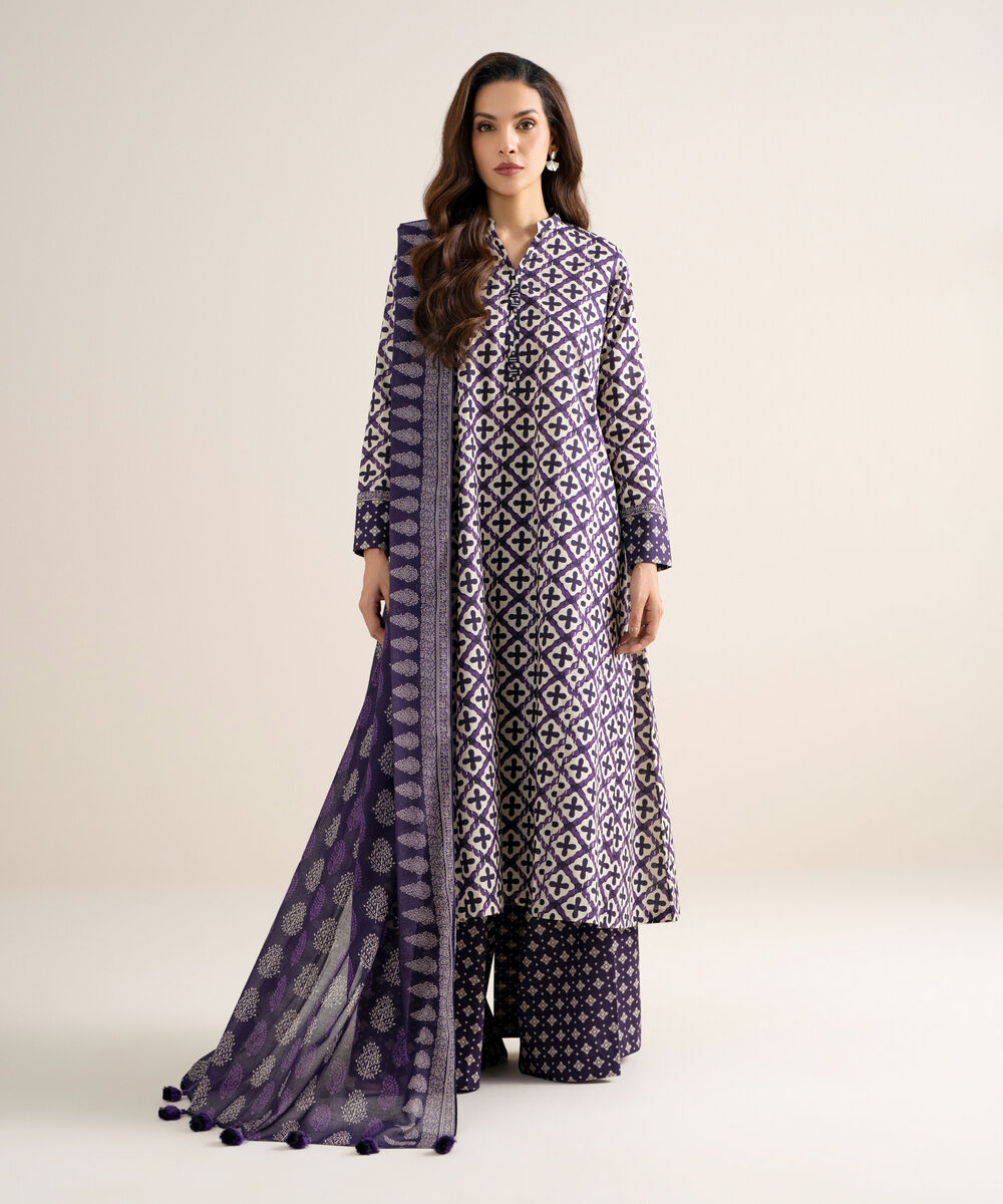 Women's Unstitched Lawn Printed Deep Purple & White  3 Piece Suit
