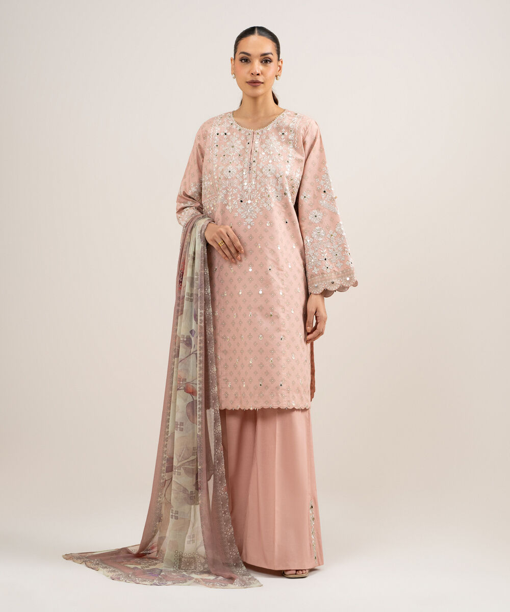 Women's Unstitched Zari Lawn Embroidered Pink 3 Piece Suit
