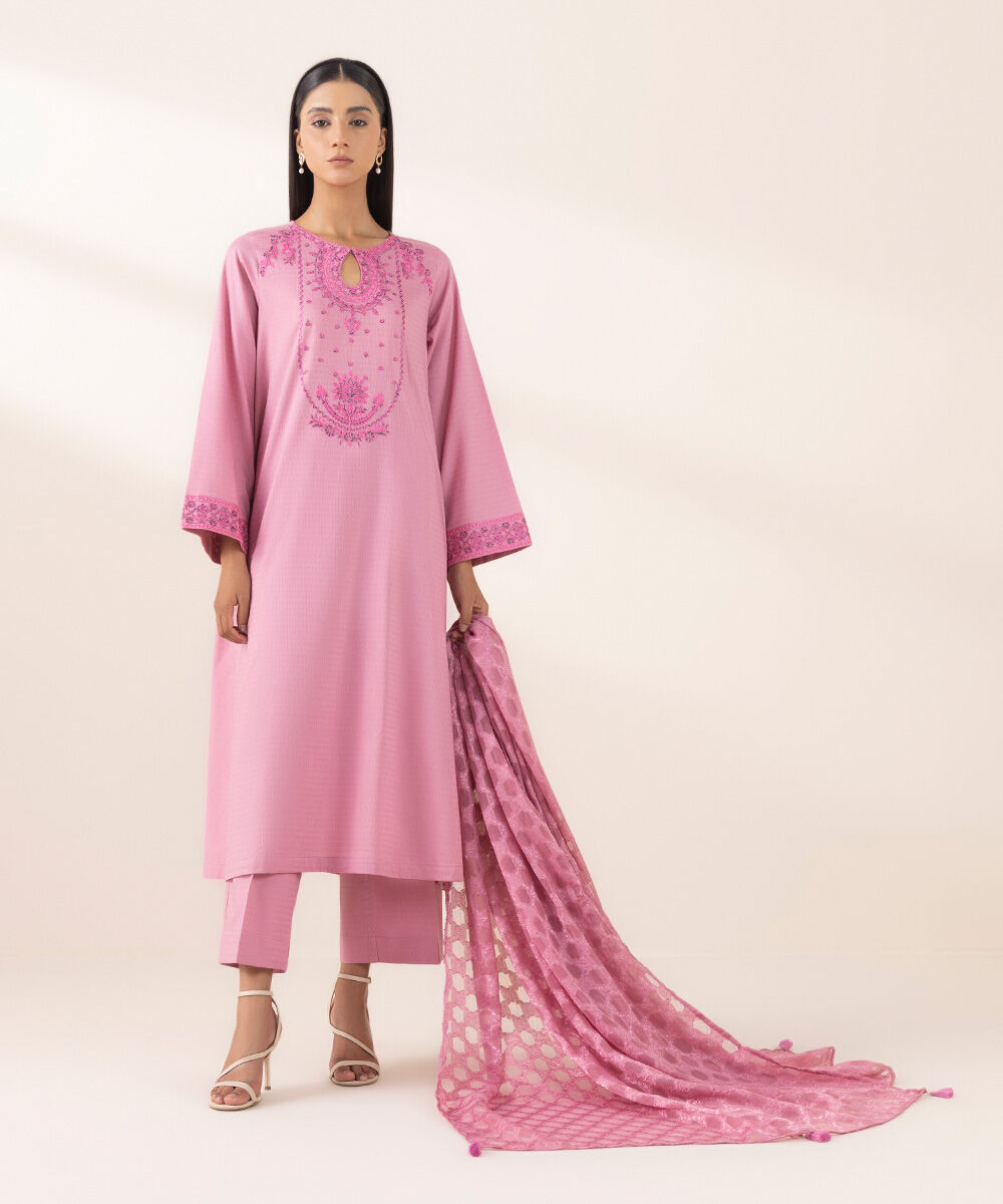 Women's Pret Dobby Pink Embroidered A-Line Shirt