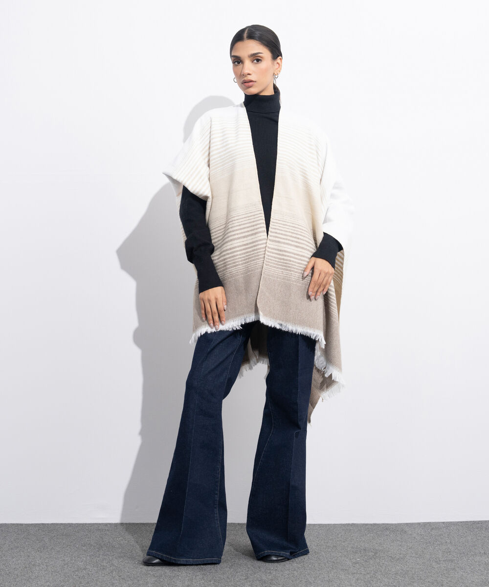 Women's Western Wear Beige & Off White Striped Cape Shawl