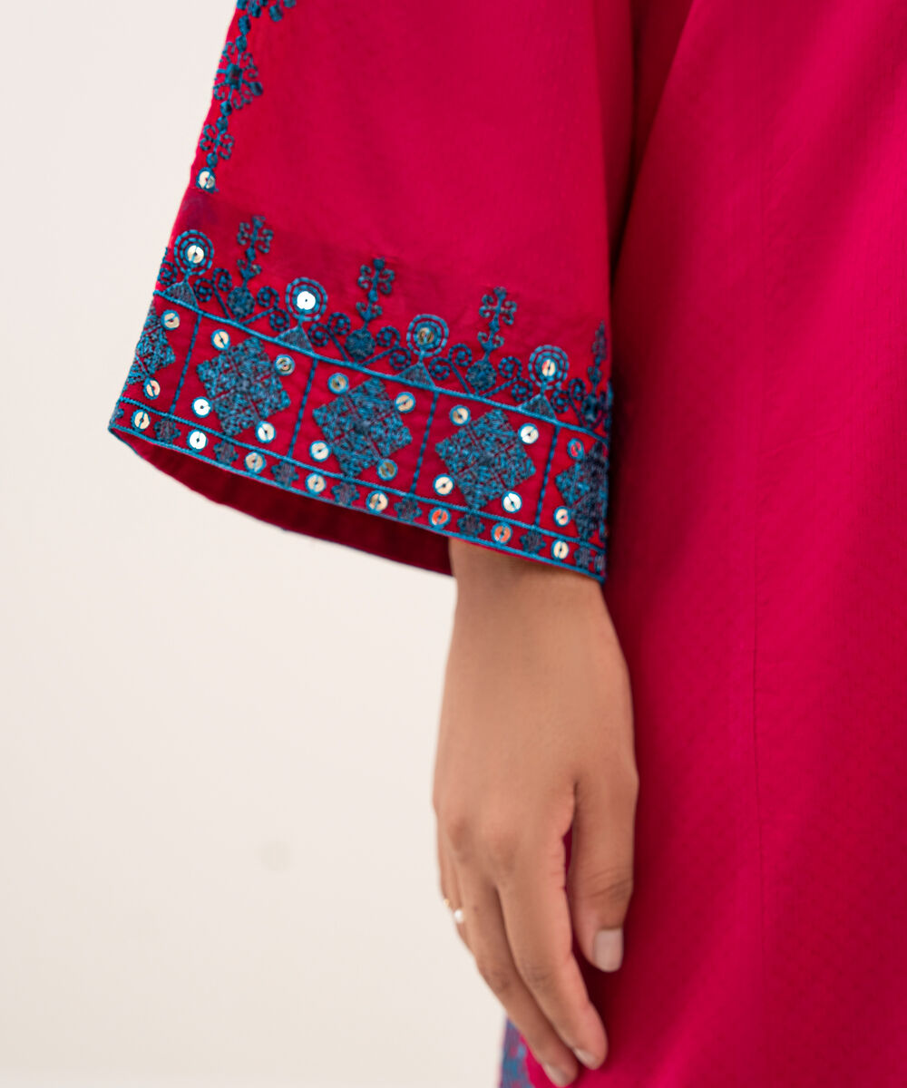 Women's RTW Textured Lawn Pink Embroidered A-Line Shirt