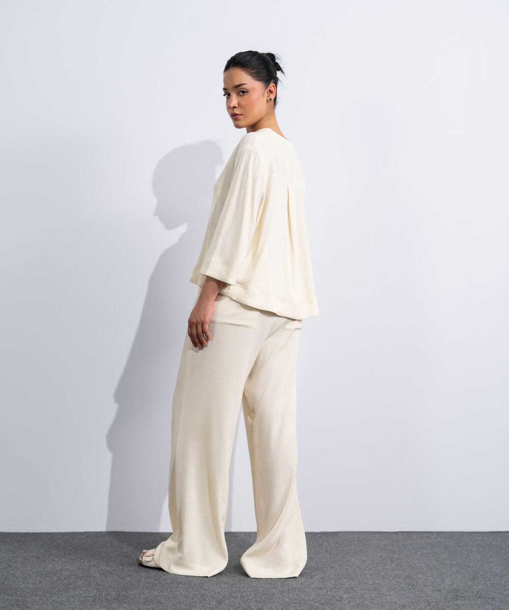 Women's Western Off-White V-Neck Seersucker Shirt
