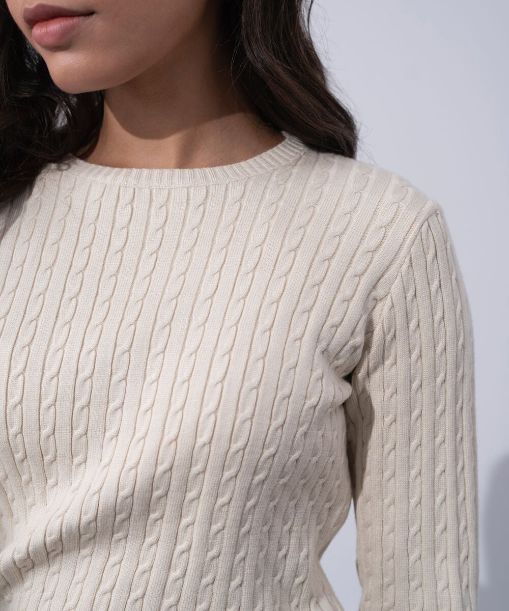 Women's Western Wear Ecru Textured Cable-Knit Jumper
