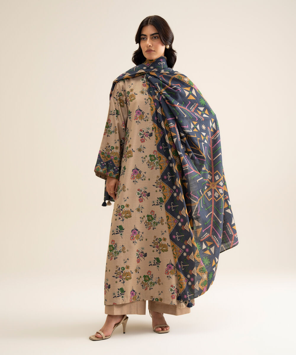 Women's Unstitched Premium Khaddar Printed Beige 3 Piece Suit