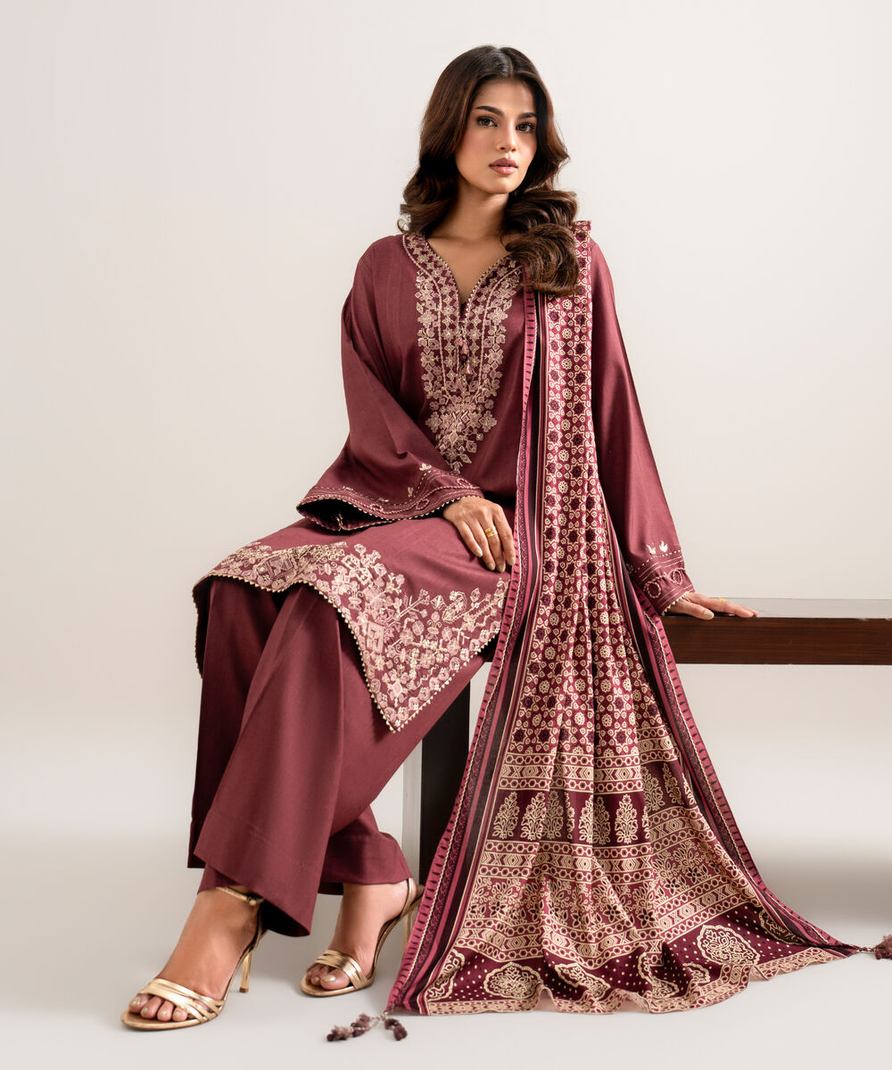 Women's Unstitched Embroidered Linen Maroon 3 Piece Suit
