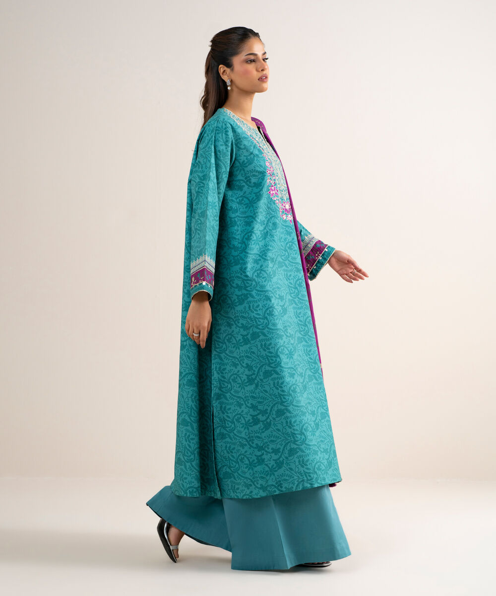 Women's Unstitched Cotton Embroidered Green 3 Piece Suit