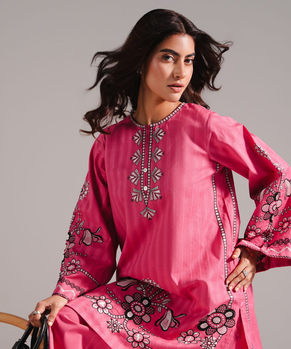 Women's RTW Dobby Embroidered Pink 2 Piece Suit