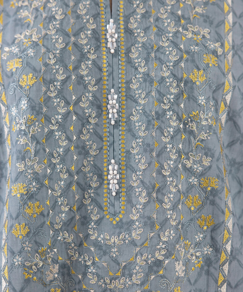 Women's Unstitched Dobby Embroidered Grey Three Piece Suit