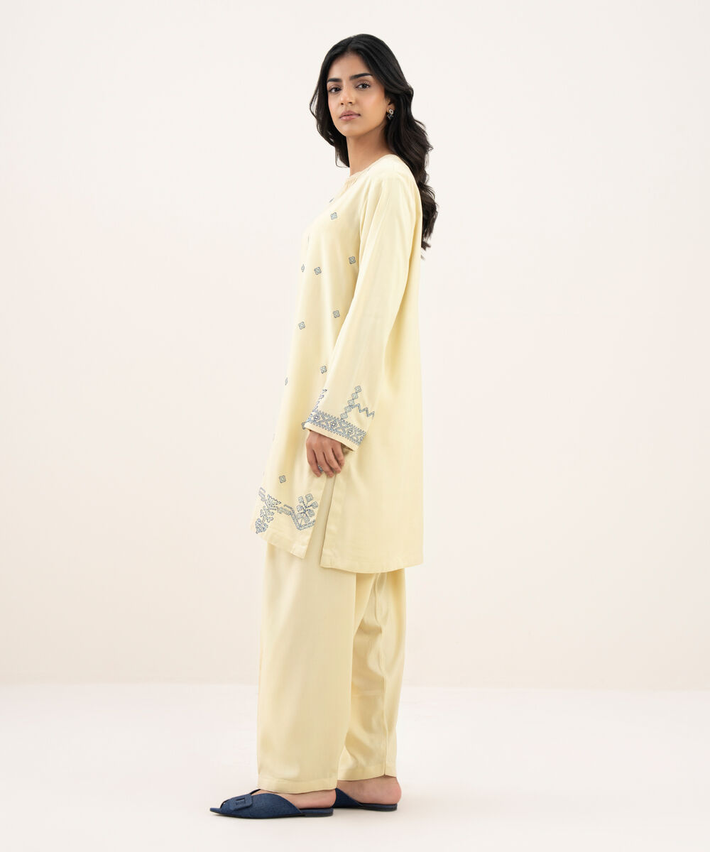 Women's RTW Khaddar Embroidered Straight Off White Shirt