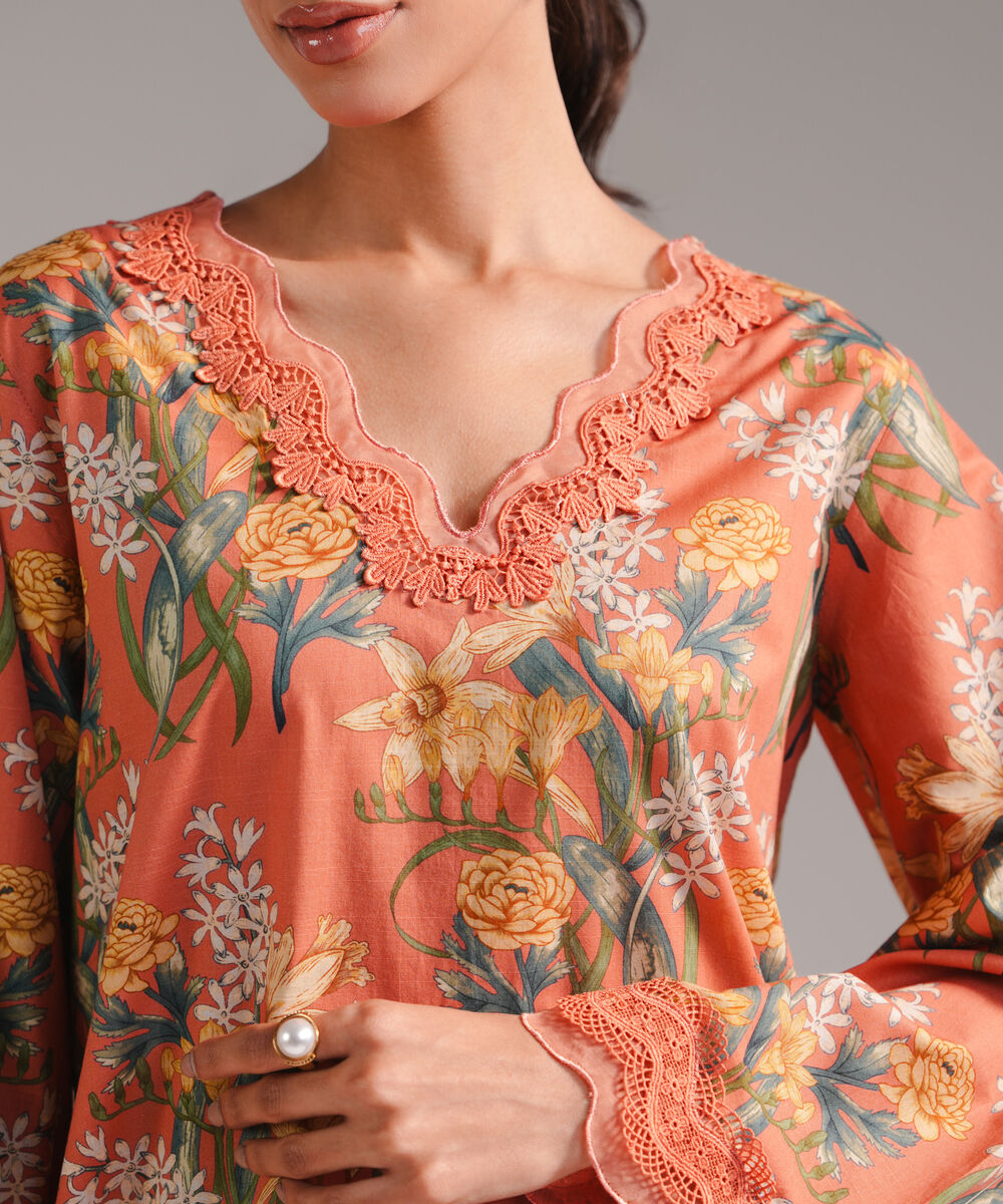 Women's RTW Slub Lawn Embroidered Coral 2 Piece Suit