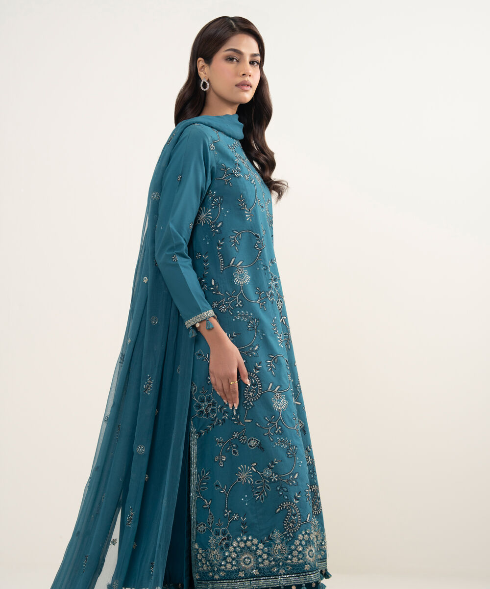 Women's Unstitched Textured Lawn Green Embroidered 3 Piece Suit