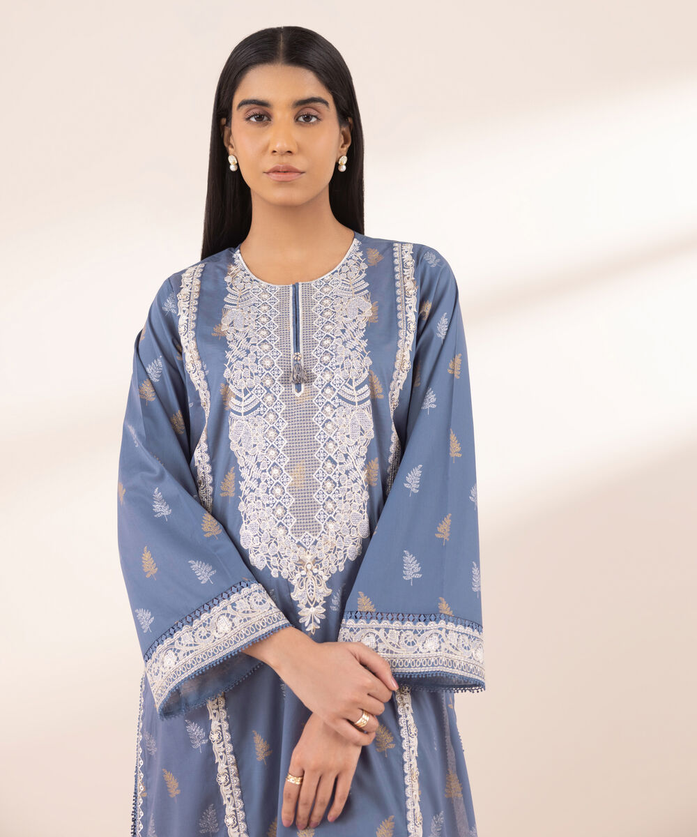 Women's RTW Lawn Blue Embroidered A-Line Shirt