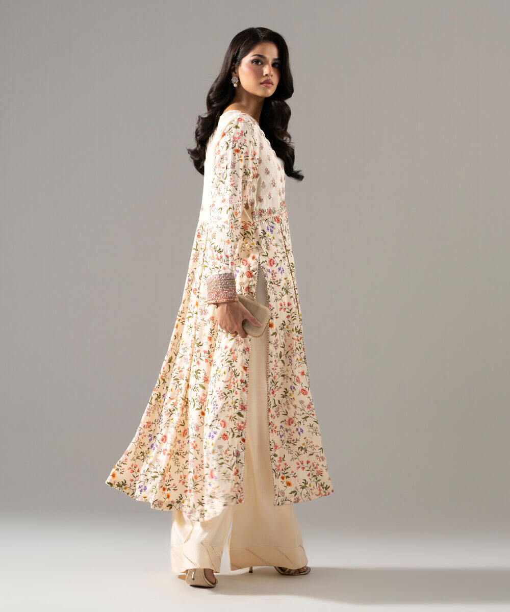 Women's RTW Bright Raw Silk Printed Beige 2 Piece Suit