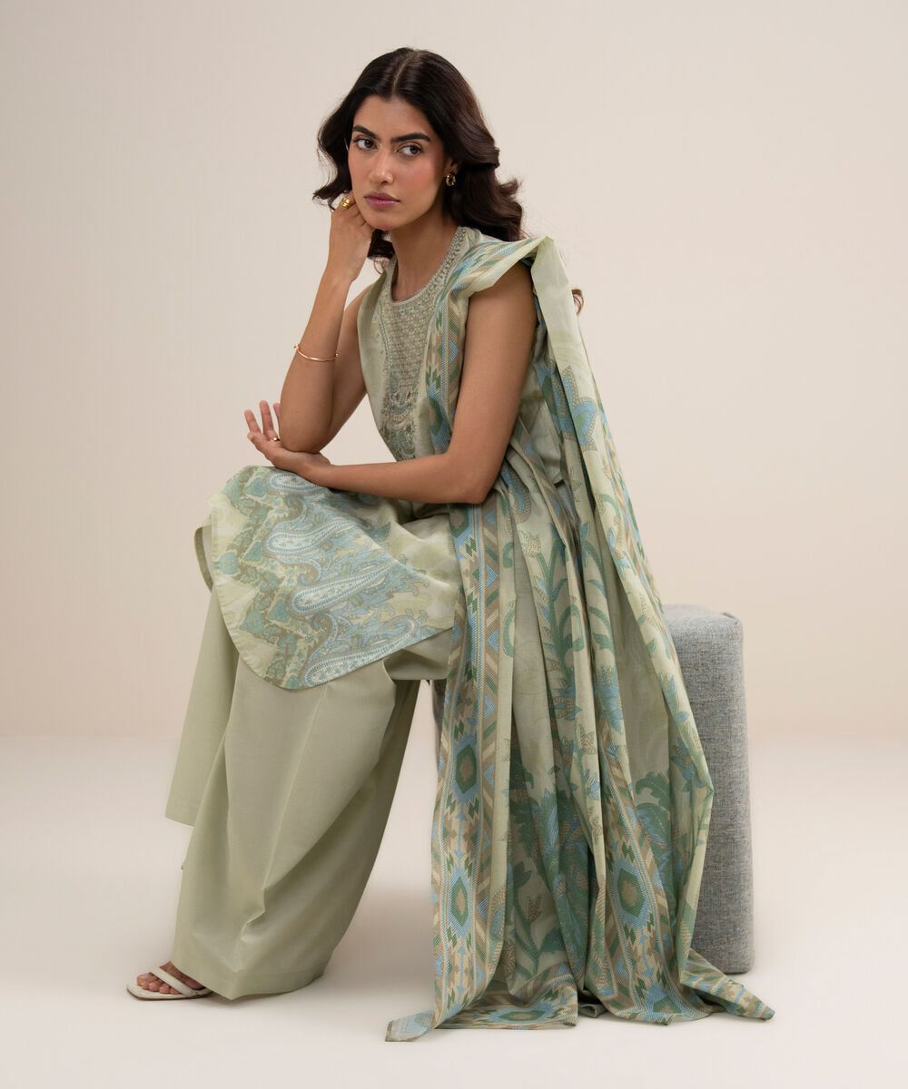 Women's Unstitched Lawn Embroidered Light Green 3 Piece Suit