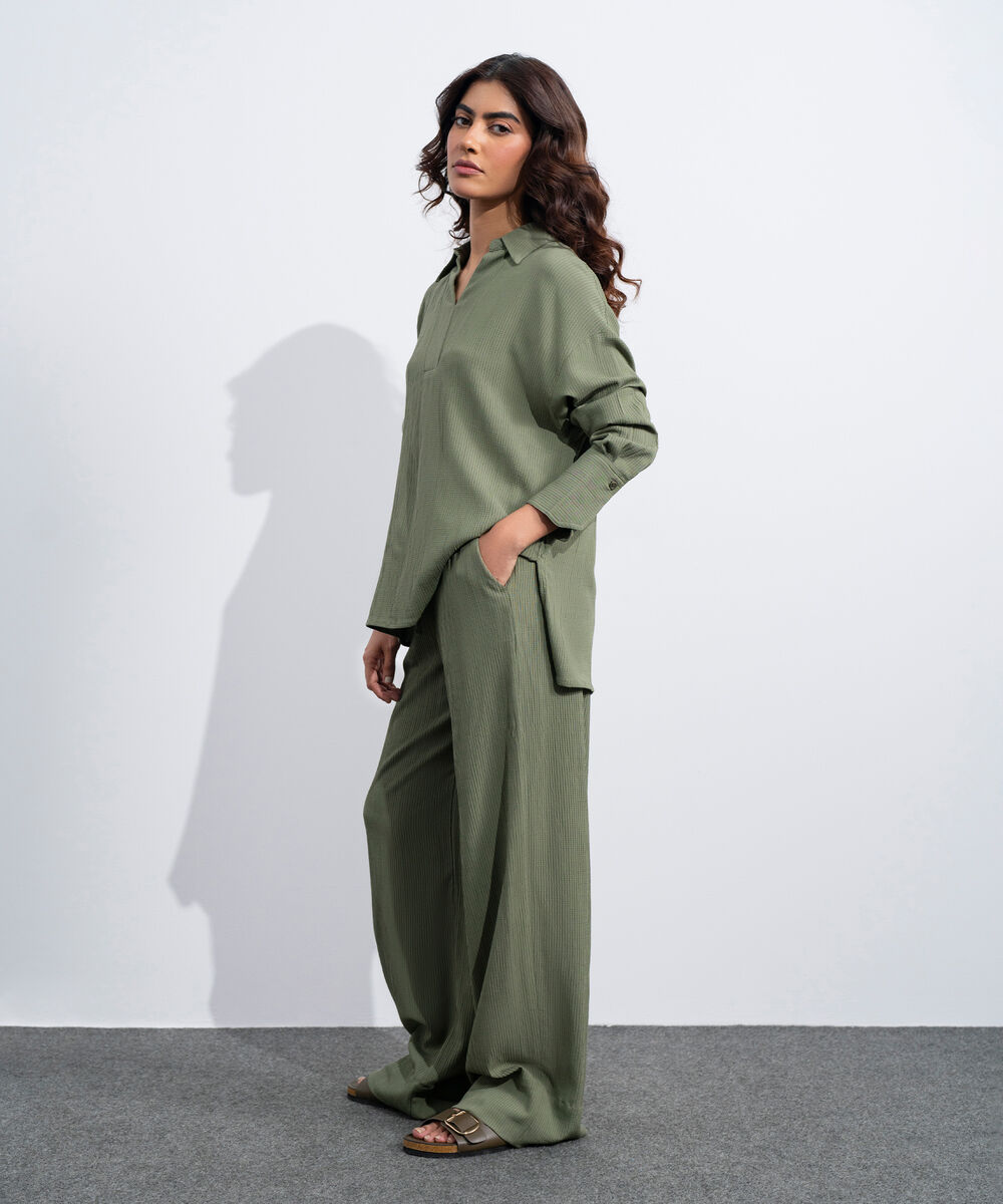 Women's Western Olive Green Seersucker Pull-On Trousers