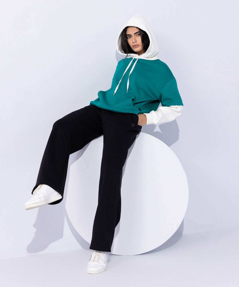 Woman - Green Fleece Color Blocked Hoodie