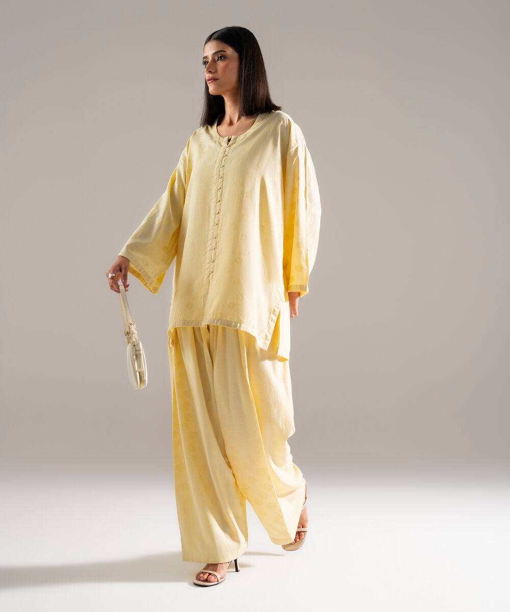 Women's RTW Poly Viscose Jacquard Solid Lime Yellow Drop Shoulder Shirt