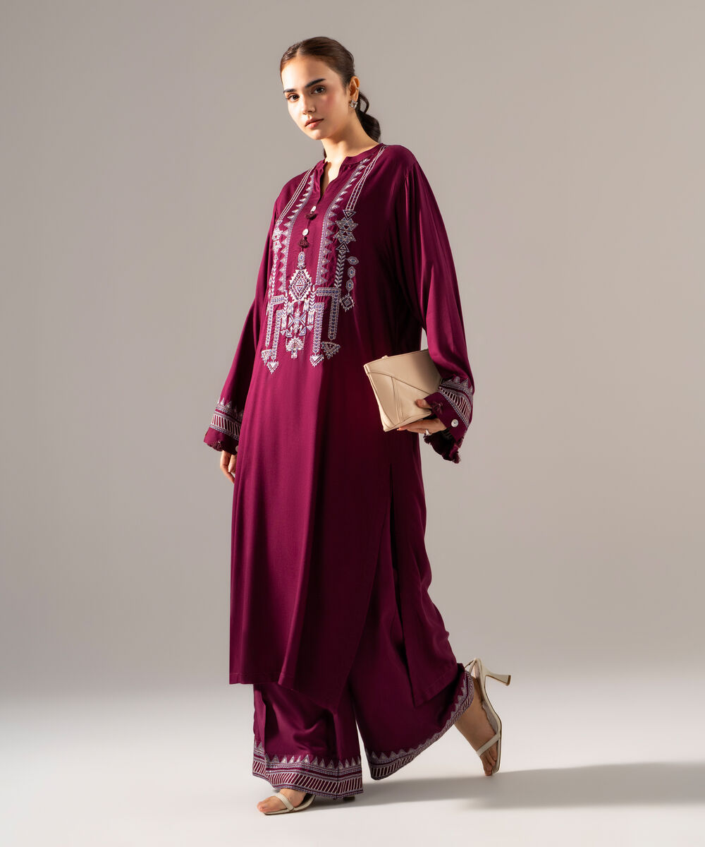 Women's RTW Bedford Solid Embroidered Purple Boxy Shirt