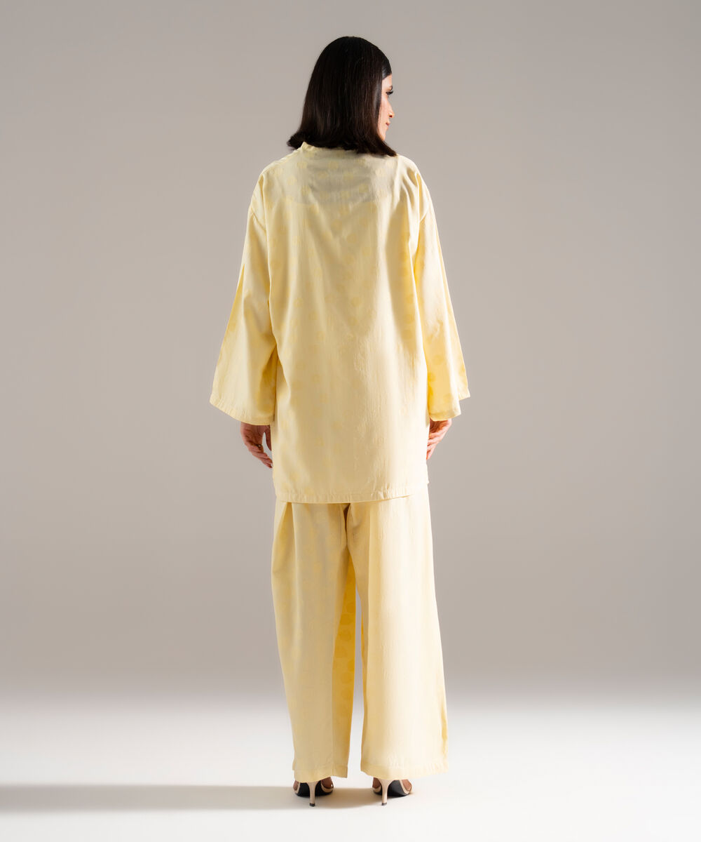 Women's RTW Poly Viscose Jacquard Solid Lime Yellow Drop Shoulder Shirt