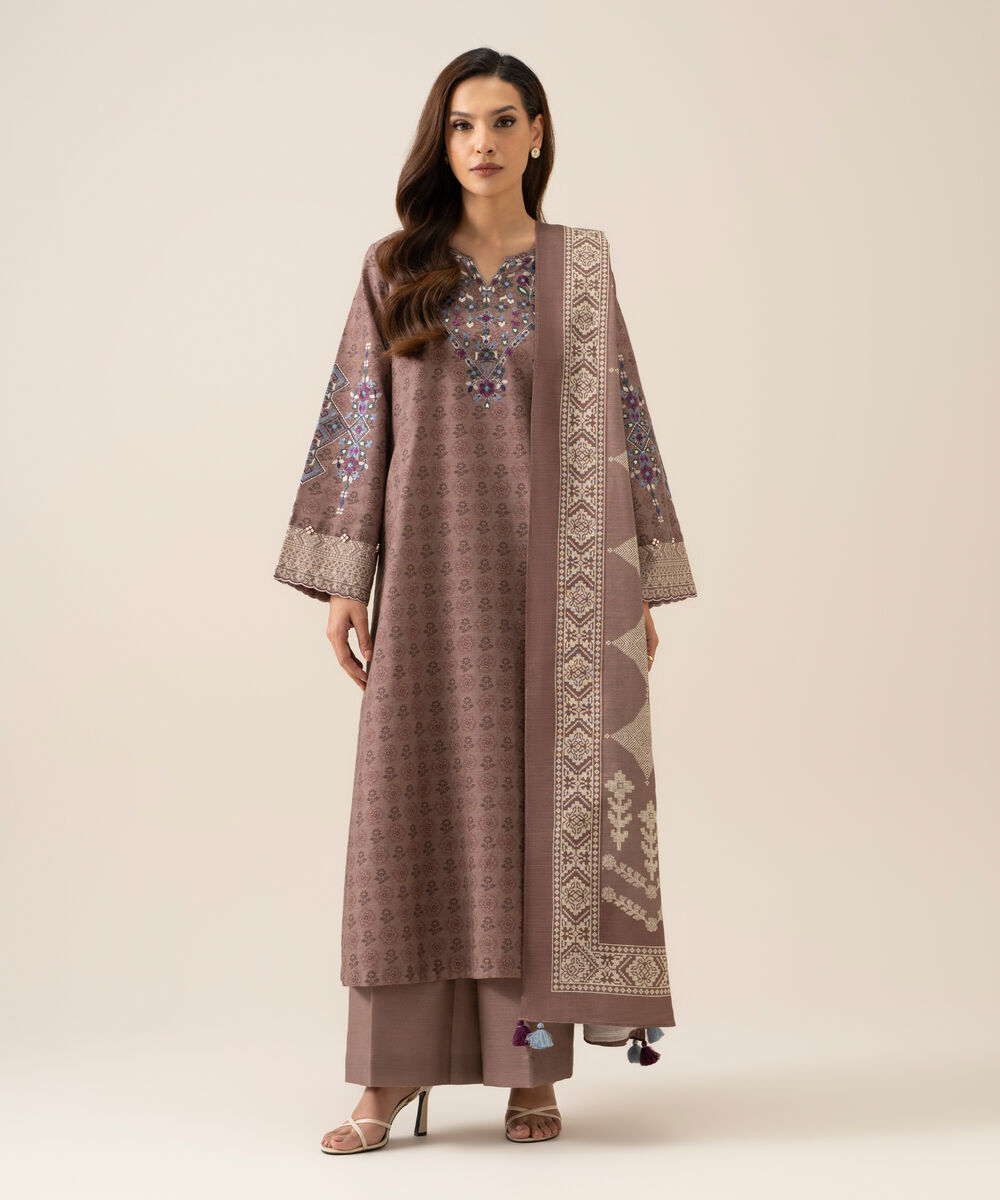 Women's Unstitched Light Khaddar Embroidered Tea Pink 3 Piece Suit