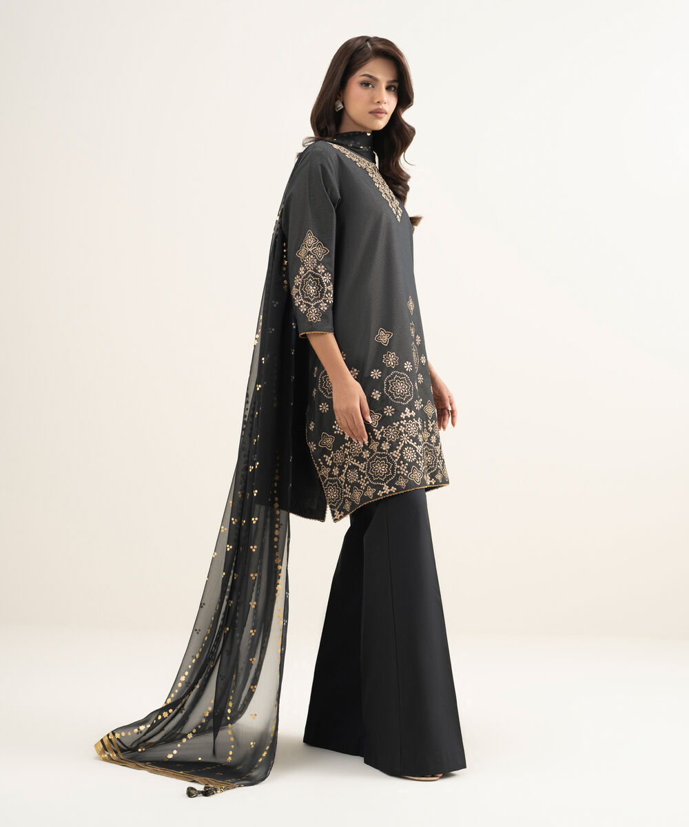 Women's Unstitched Zari Lawn Embroidered Black 3 Piece Suit