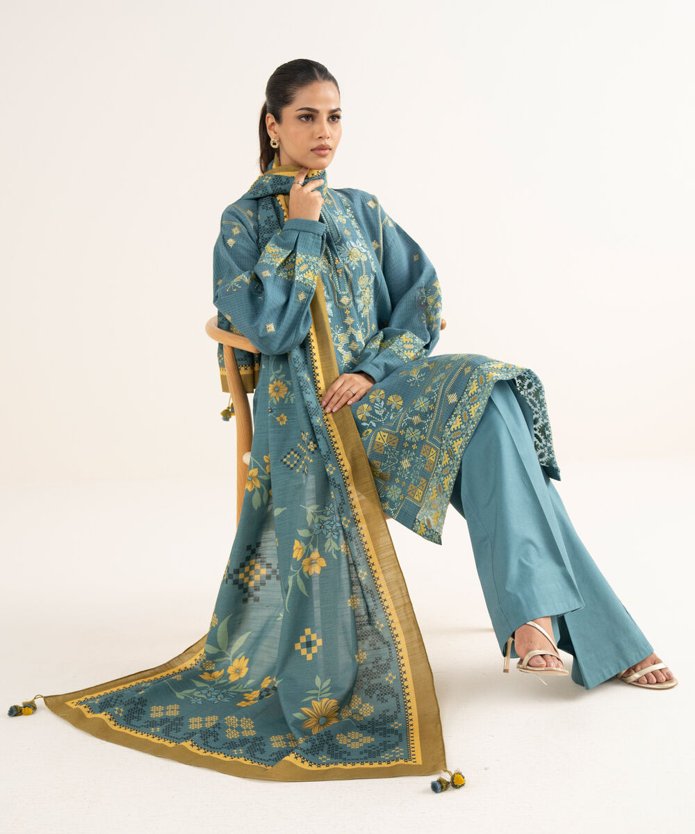 Women's Unstitched Dobby Embroidered Blue 3 Piece Suit