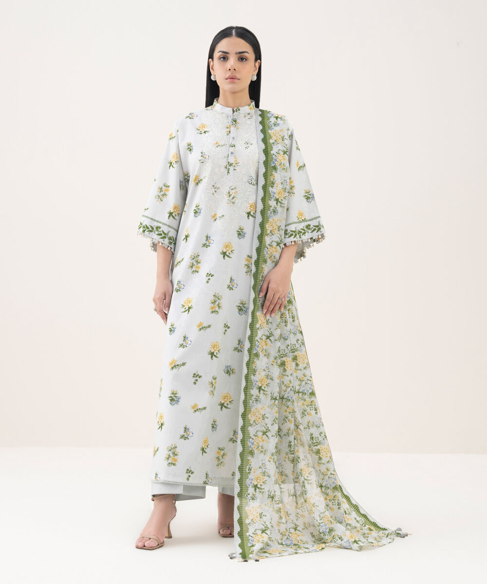 Women's Unstitched Lawn Embroidered Grey 3 Piece Suit