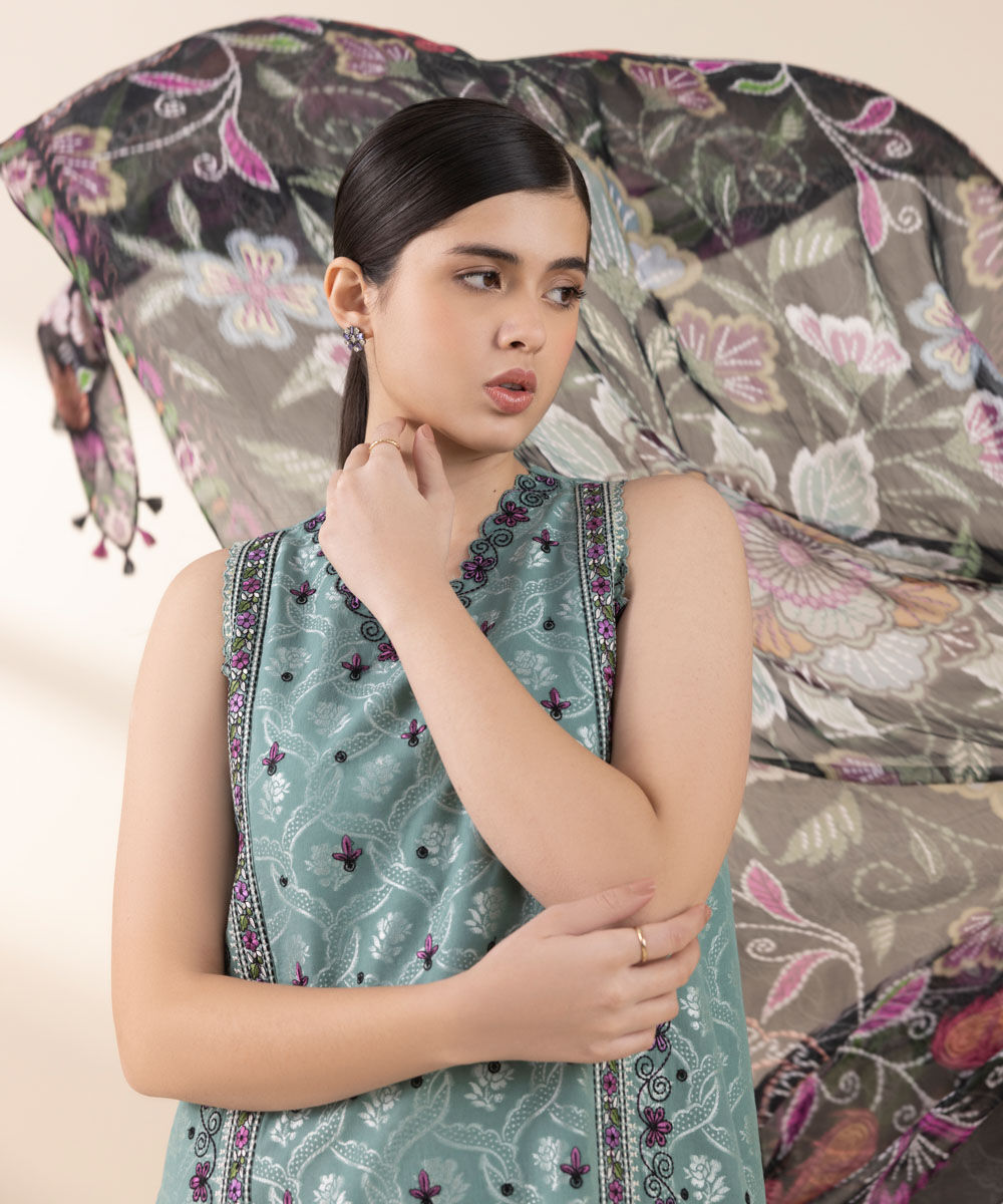 Unstitched Women's Embroidered Extra Weft Jacquard Blue Three Piece Suit