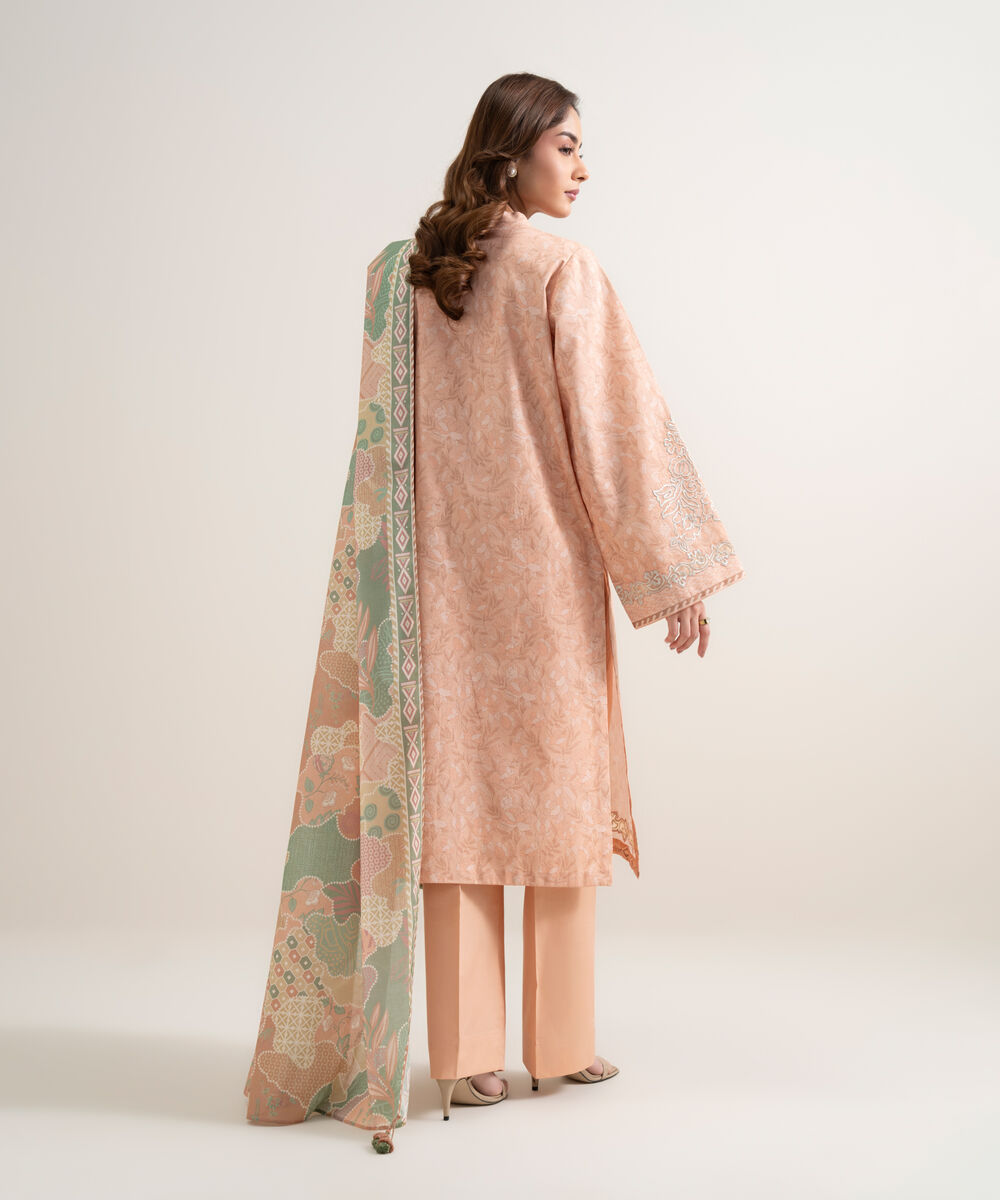 Women's Unstitched Lawn Embroidered Peach 3 Piece Suit