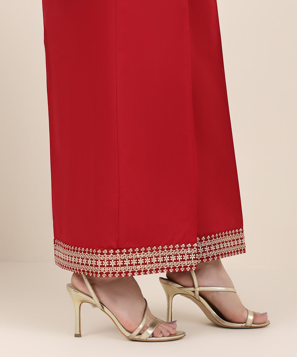 Women's RTW Cambric Red Embroidered Flared Pants