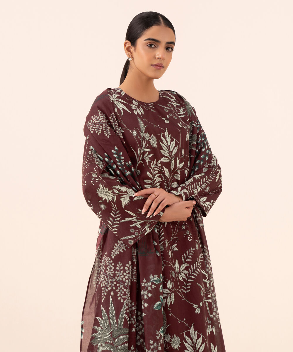 Women's Unstitched Cotton Printed Maroon Three Piece Suit