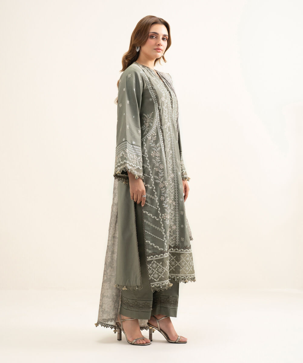 Women's Unstitched Fine Cotton Satin Embroidered Grey 3 Piece Suit