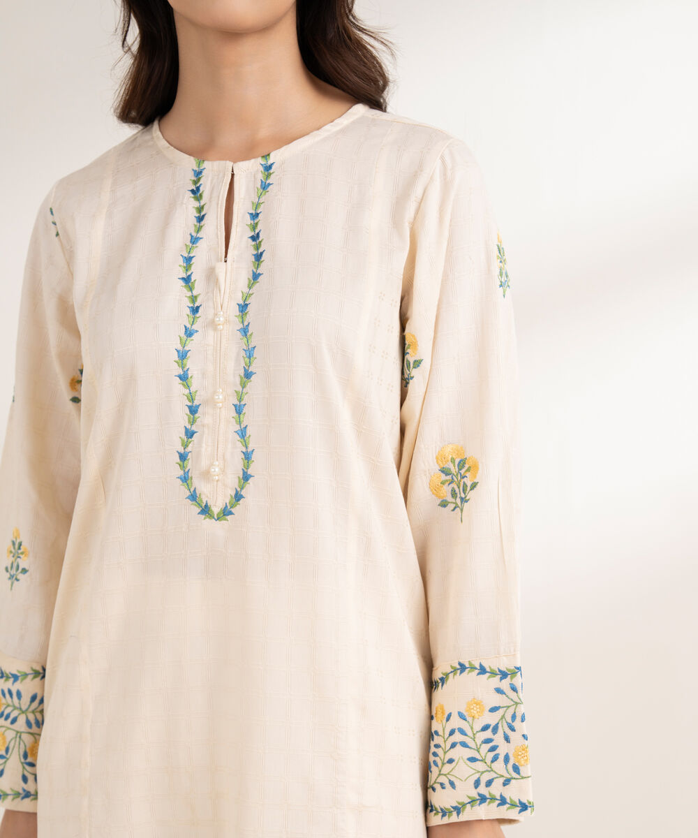 Women's RTW Textured Cotton Embroidered Straight Off White Shirt