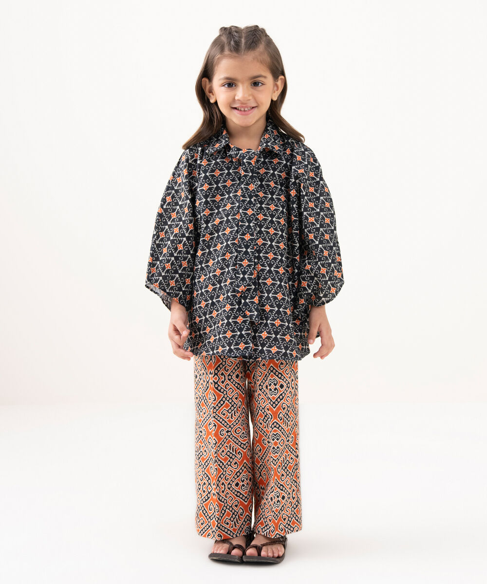Girl's Light Khaddar Printed Black 2 Piece Suit