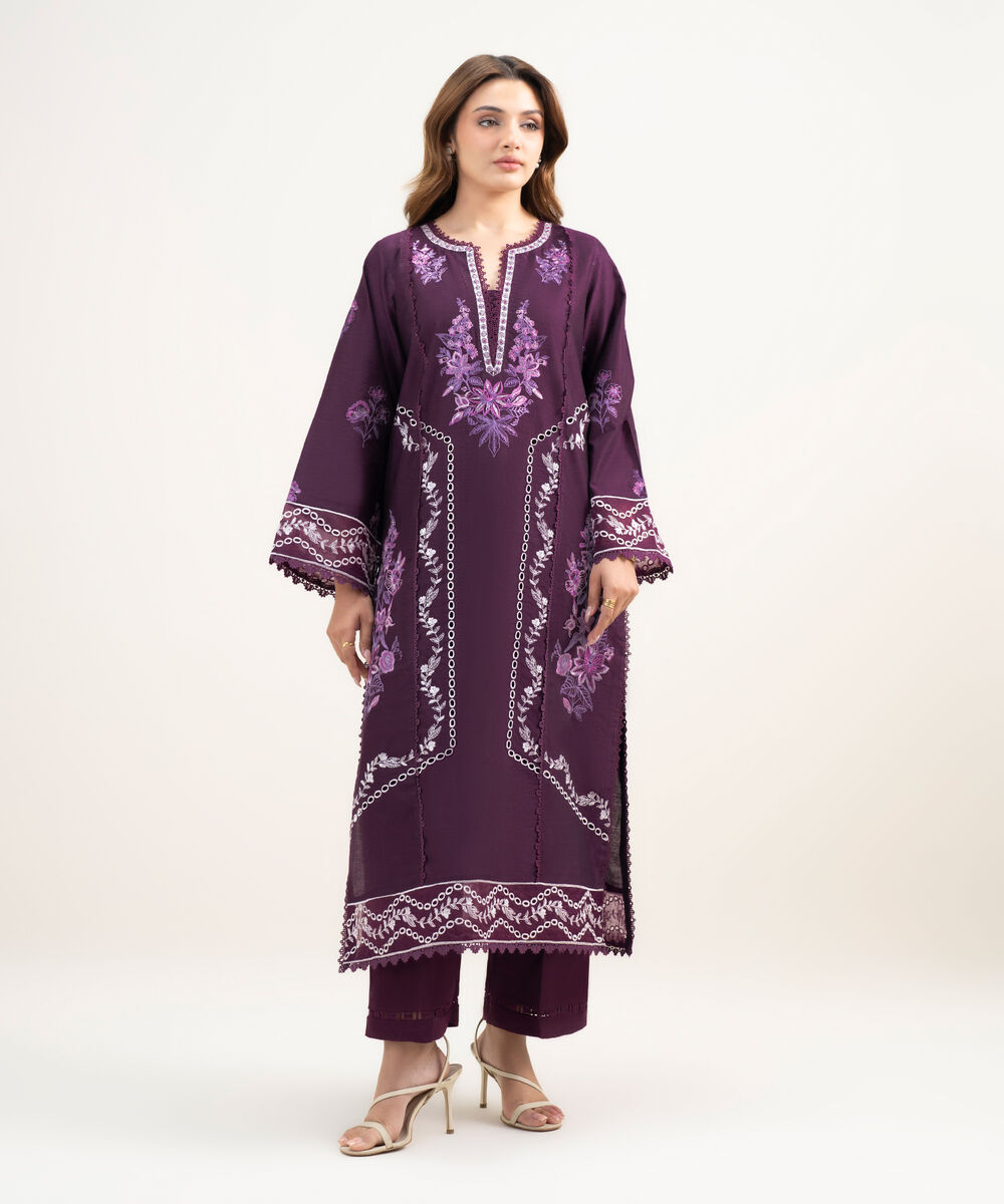 Women's RTW Silk Cotton Net Embroidered Purple 2 Piece Suit