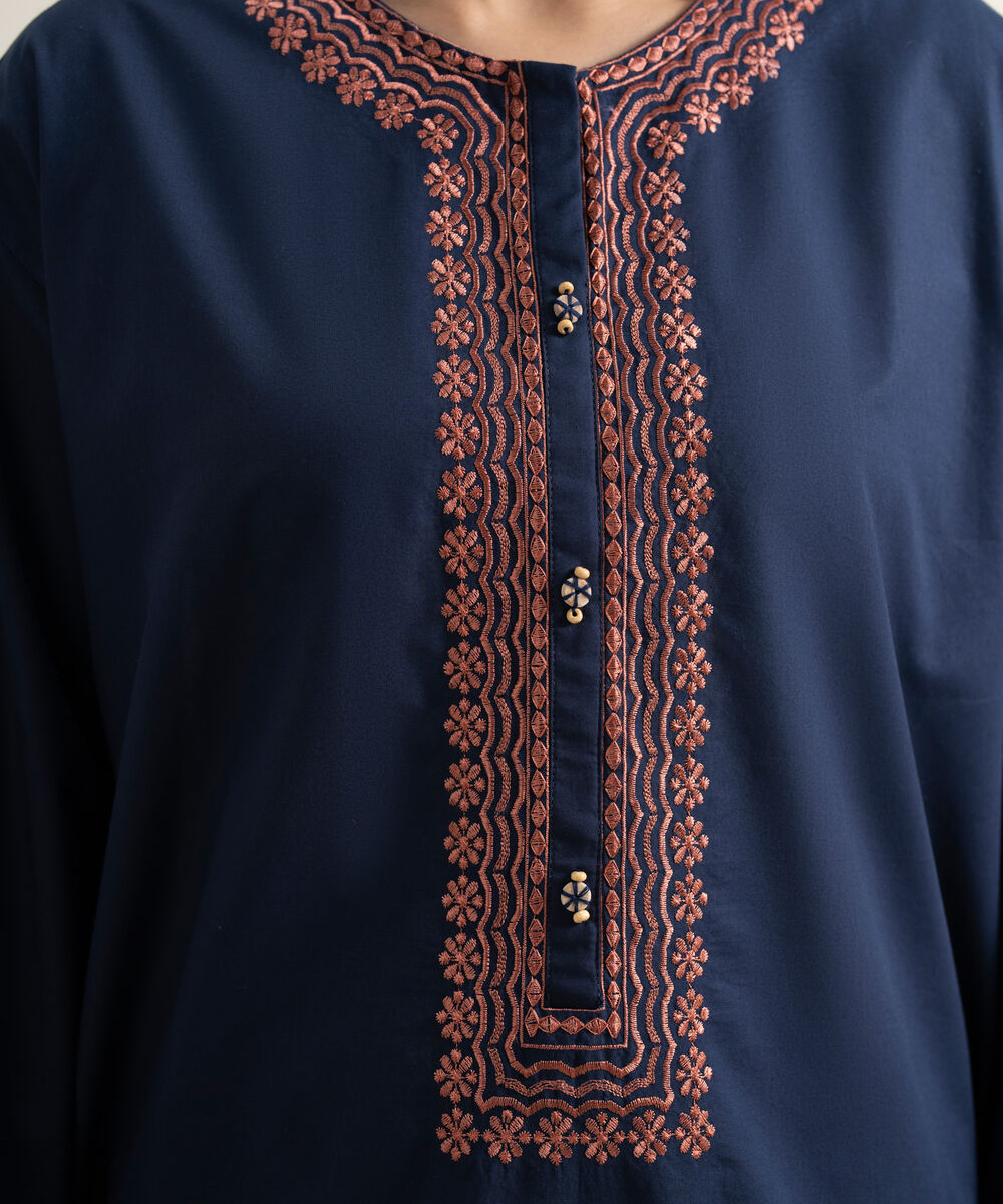 Women's RTW Cambric Embroidered Blue Drop Shoulder Shirt