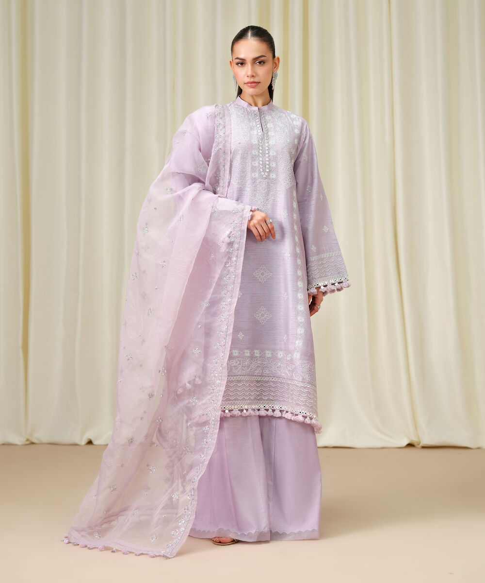 Women's Unstitched Raw Silk Embroidered Purple 3 Piece Suit