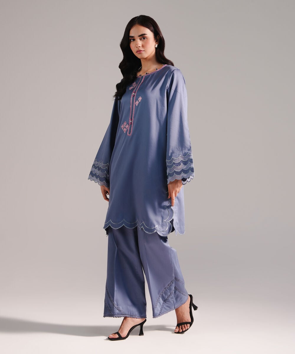 Women's RTW Cotton Satin Embroidered Steel Blue 2 Piece Suit