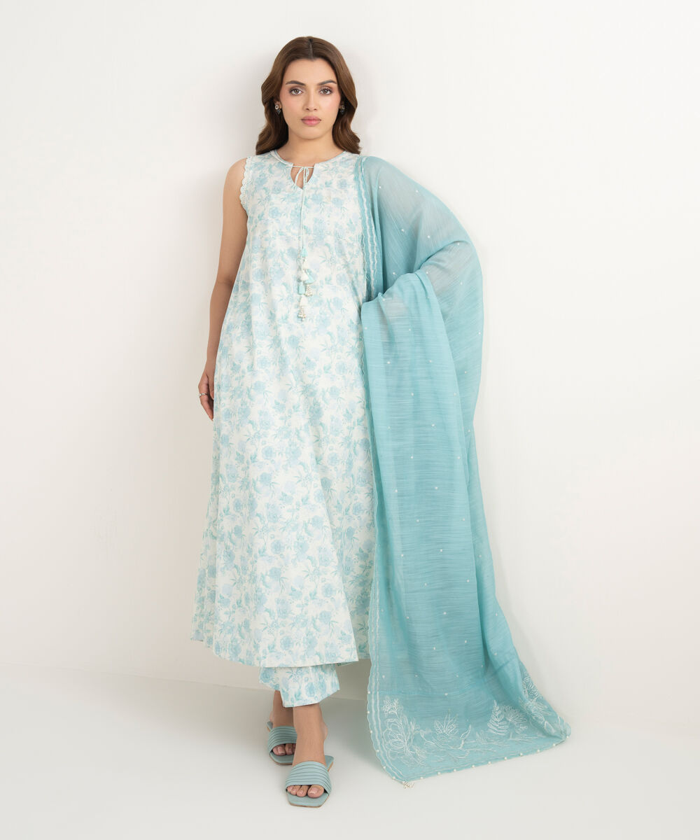 Women's Unstitched Zari Lawn Embroidered Blue 3 Piece Suit