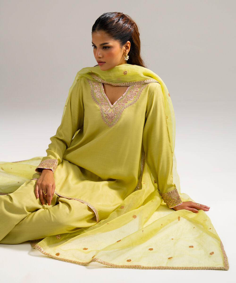 Women's RTW Raw Silk Embroidered Pale Green 3 Piece Suit