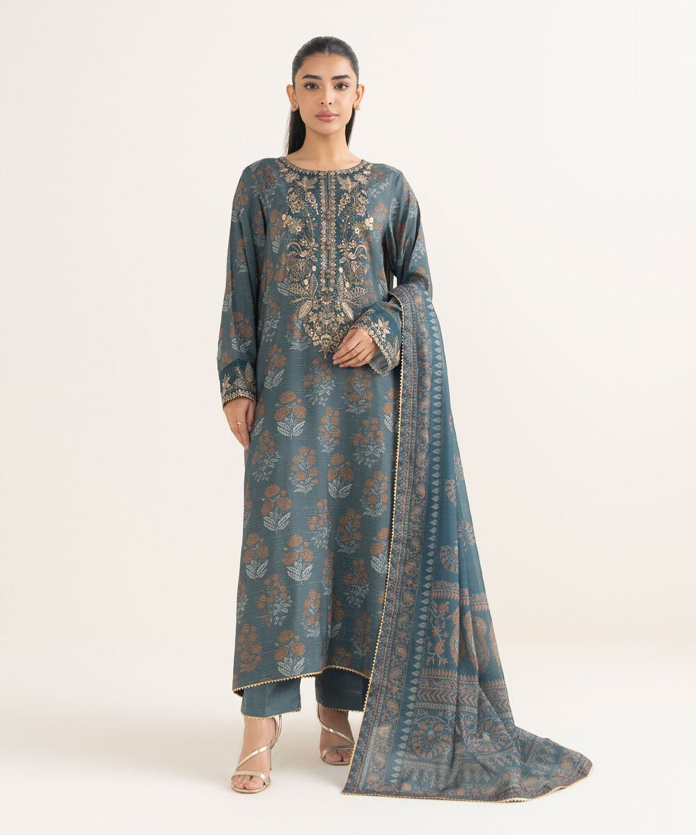 Women's RTW Dobby Embroidered Green 3 Piece Suit