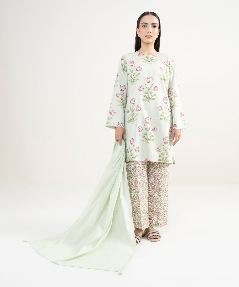 Women's RTW Lawn Printed Green Straight Shirt